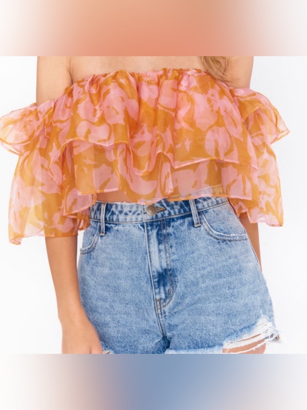 Show Me Your MuMu Off-Shoulder Pink and Orange Ruffle Crop Top